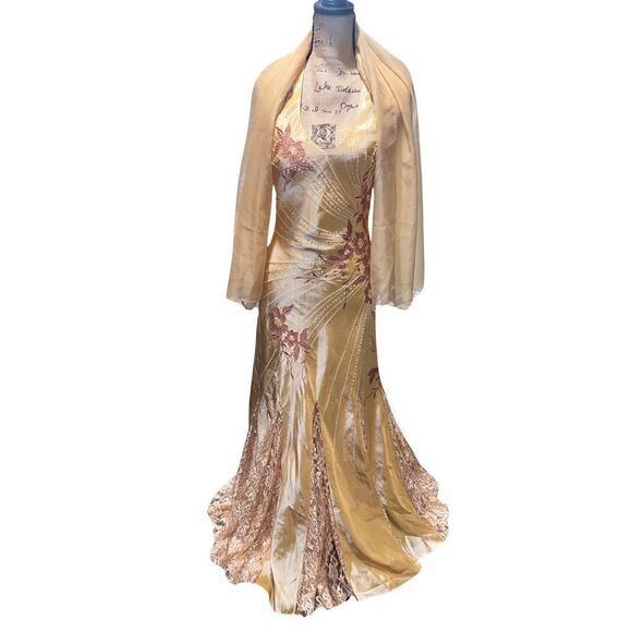Bicici Designer Beaded Halter Gown Formal Embroidered Champagne Gold & Shawl - Picture 2 of 16